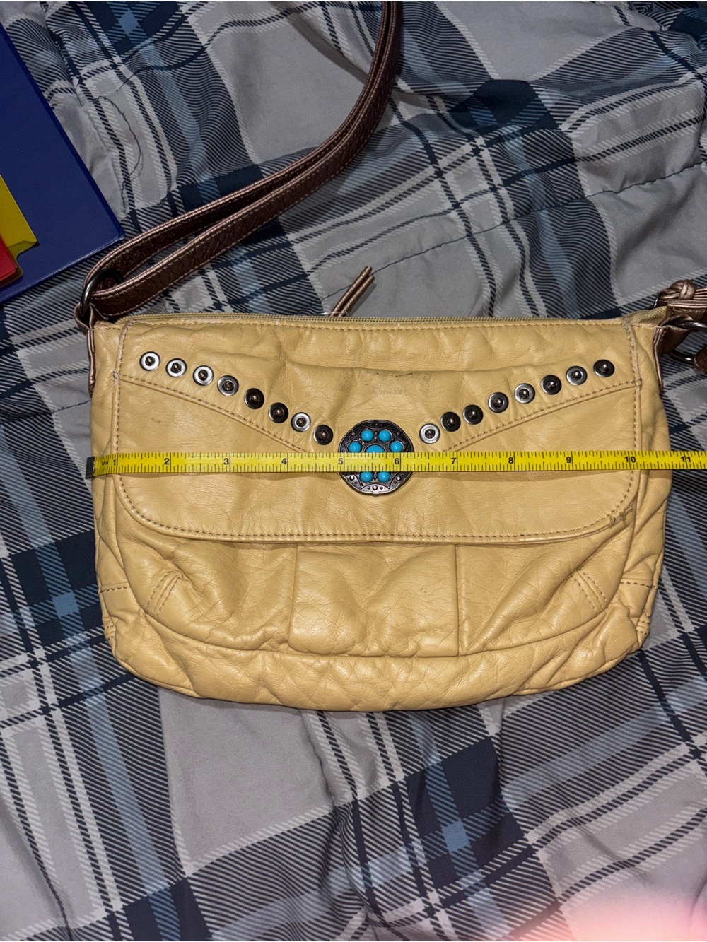 Yellow Studded Crossbody Bag with Turquoise Accent